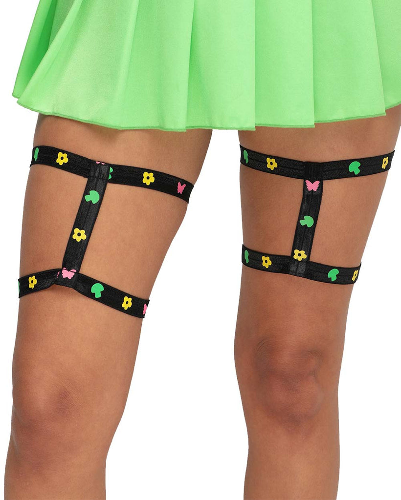 Trip on Shrooms UV Reactive Neon Leg Garters Pair-Black/Neon Green-Front