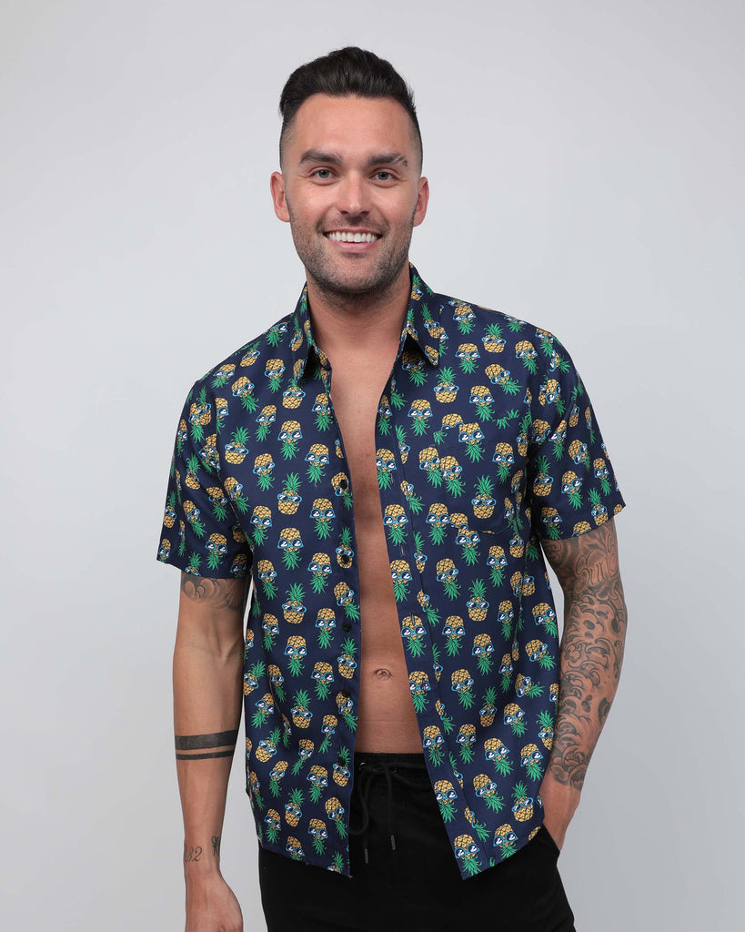 Tropical Mood Pineapple Camp Shirt-Green/Yellow-Front--Zach---L