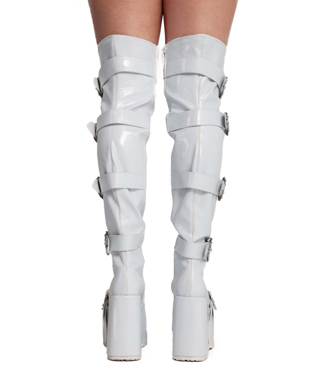 White Arcade Dreams Buckled Knee-High Boots-White-Back