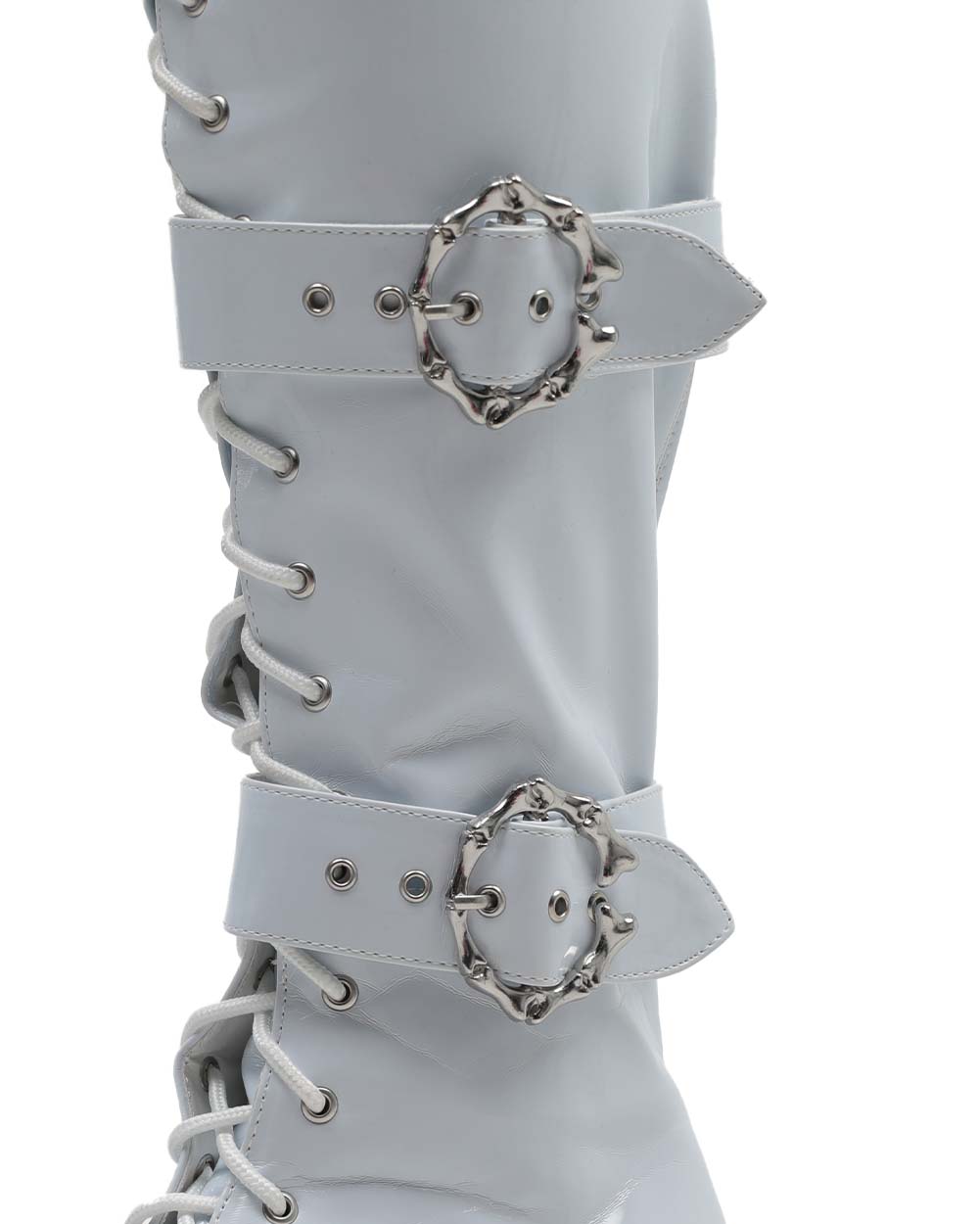 White Arcade Dreams Buckled Knee-High Boots-White-Detail