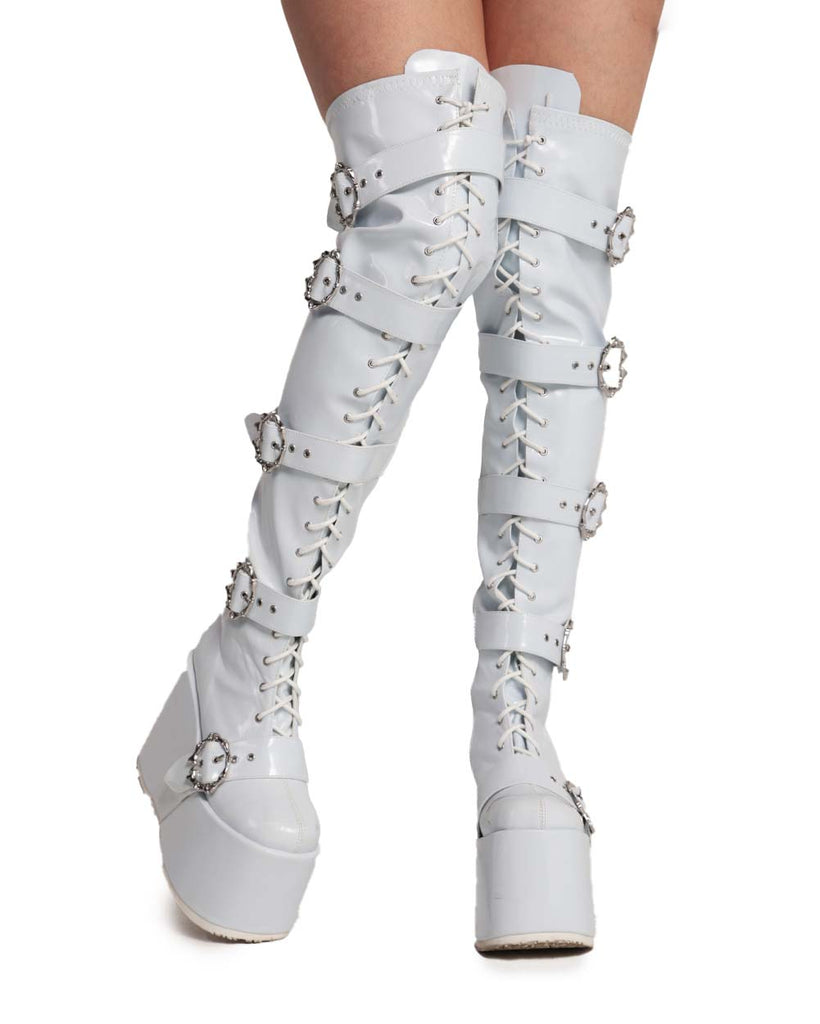 White Arcade Dreams Buckled Knee-High Boots-White-Front