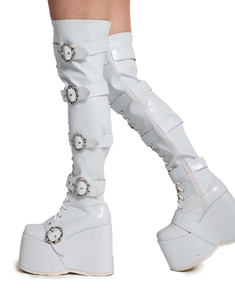 White Arcade Dreams Buckled Knee-High Boots-White-Side