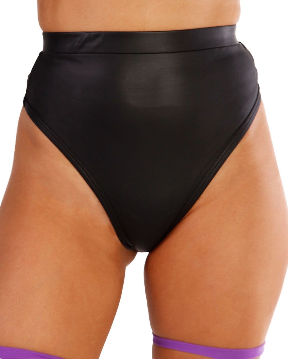 Faux Leather High Rise Thong-Front1--Sami---S-Black