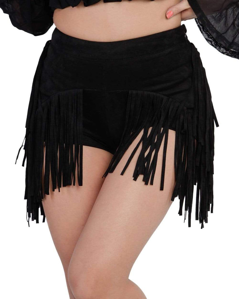 Festival Fringe Suede High Waisted Booty Shorts-Front--Sandy---S