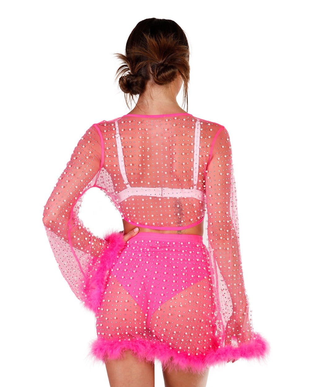 Glamour Girl Pearl Studded Marabou Skirt Set-Neon Pink-Back--Amenah---L