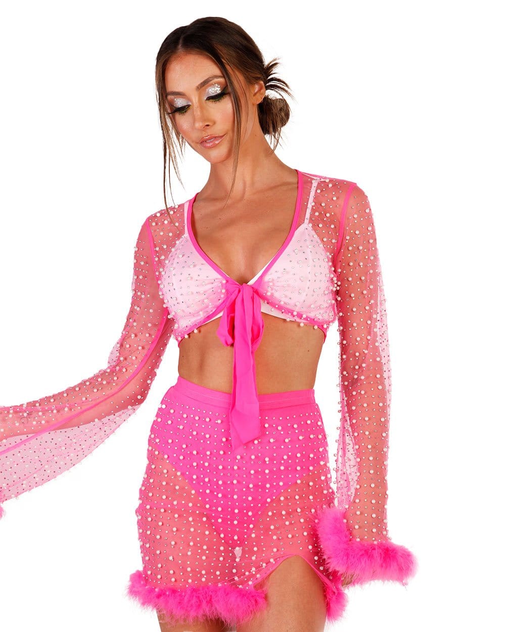 Glamour Girl Pearl Studded Marabou Skirt Set-Neon Pink-Front--Hannah---S