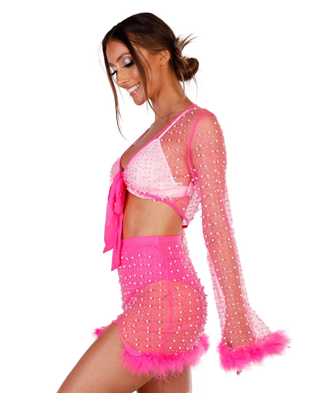 Glamour Girl Pearl Studded Marabou Skirt Set-Neon Pink-Full--Hannah---S