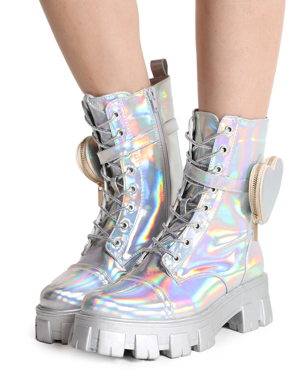 iHeartRaves Lovestruck Holo Combat Boots with Pocket-Rainbow/Silver-Side1