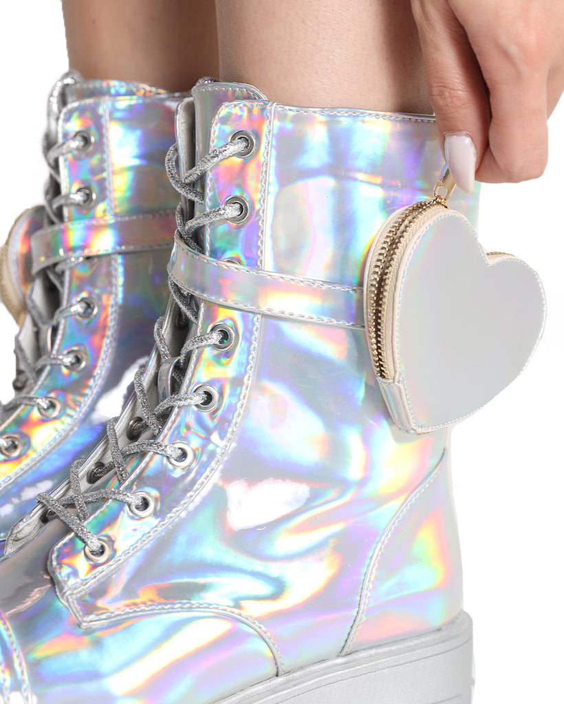 iHeartRaves Lovestruck Holo Combat Boots with Pocket-Rainbow/Silver-Detail