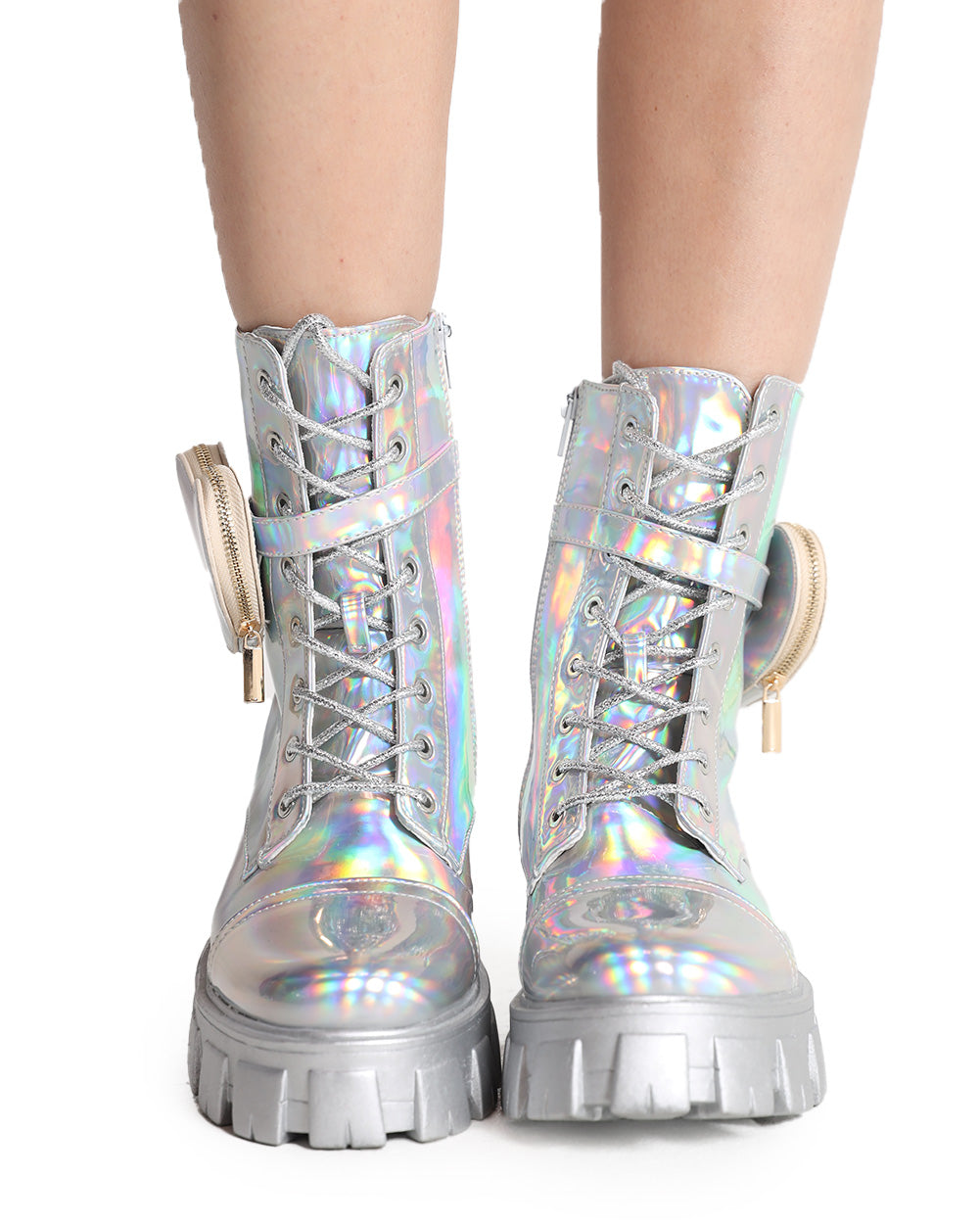 iHeartRaves Lovestruck Holo Combat Boots with Pocket-Rainbow/Silver-Front