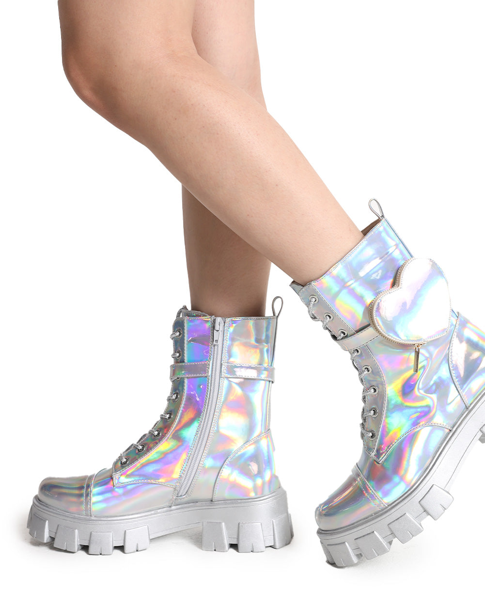 iHeartRaves Lovestruck Holo Combat Boots with Pocket-Rainbow/Silver-Side